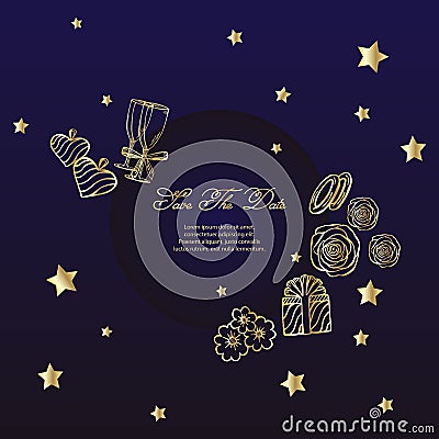 Wedding navy blue and gold concept. vector illustration. card with a frame of drawings of flowers, rings, gift, rings, glasses, h Vector Illustration